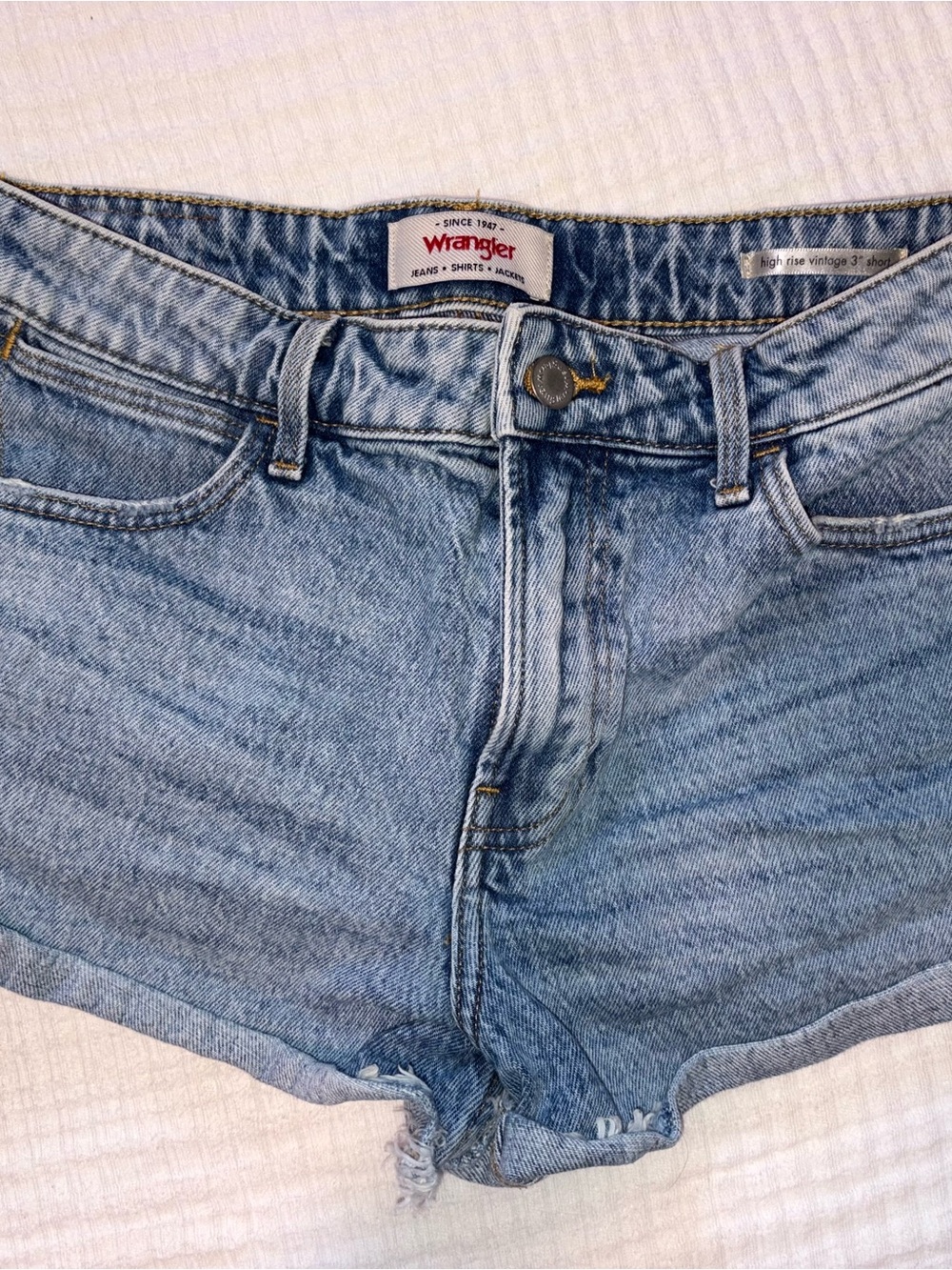 Wrangler Light Blue Denim Shorts with Gold Stitching
